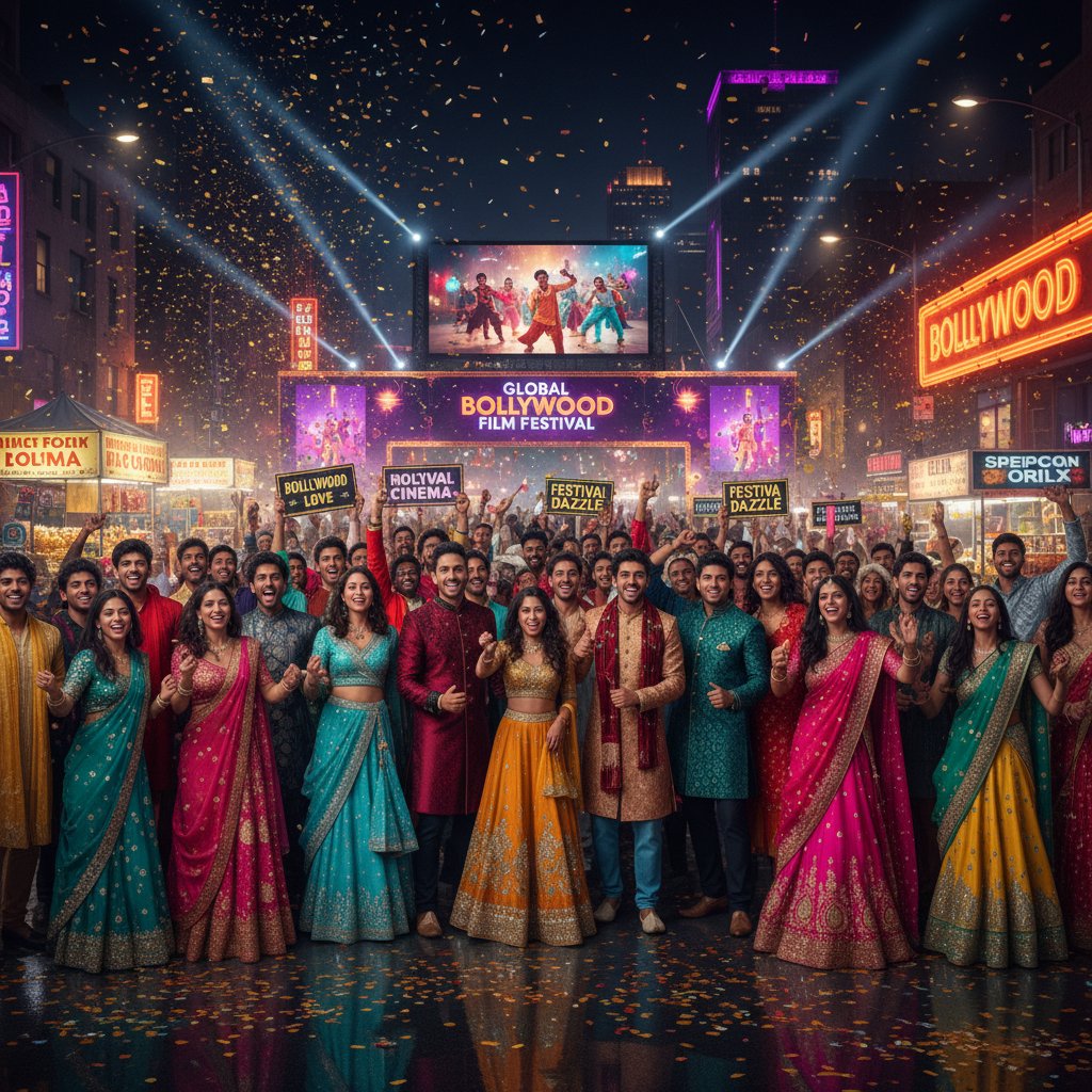 Wide-angle photo of diverse international fans at a Bollywood film festival, energetic urban night setting
