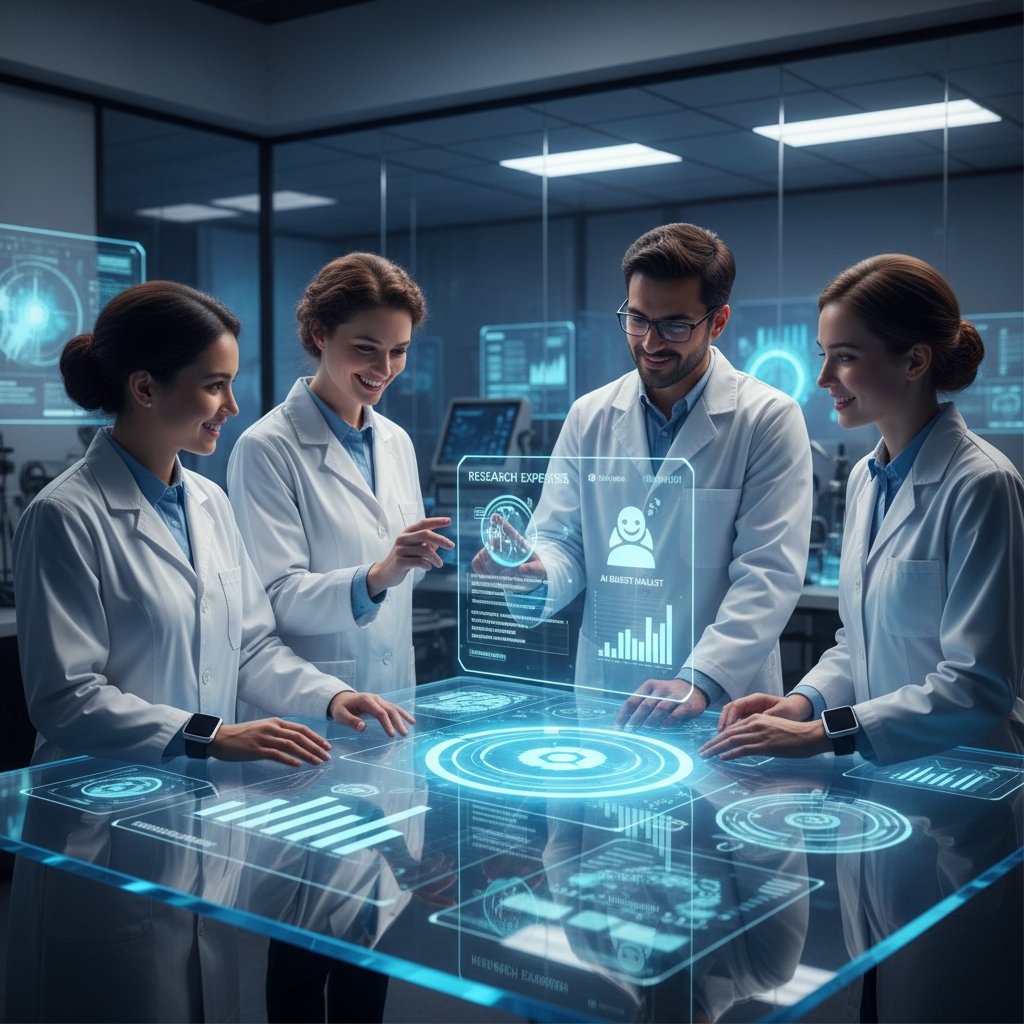Diverse lab team collaborating with digital assistant interface, reviewing expense projections in a glass-walled research lab, optimistic and collaborative mood