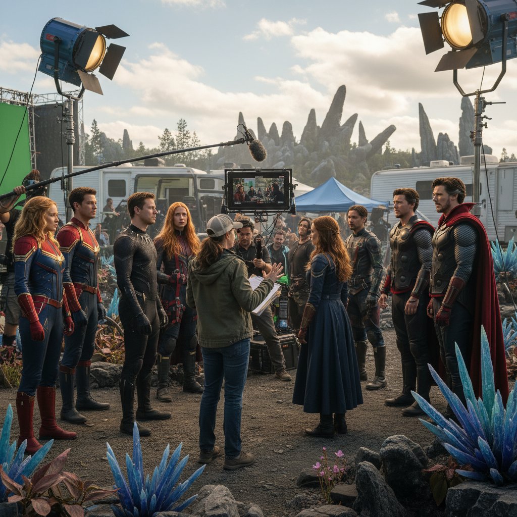 Diverse Marvel cast on set, with director giving creative notes during filming