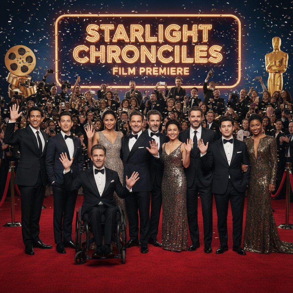 Empowering portrait of diverse movie cast at a film premiere, symbolizing representation and breaking barriers