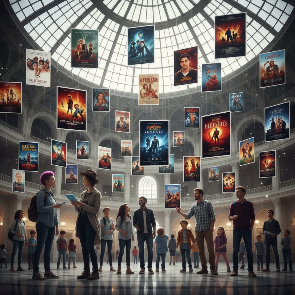 Three diverse movie fans surrounded by floating movie posters, each reflecting unique algorithmic taste, film recommendation engine in background