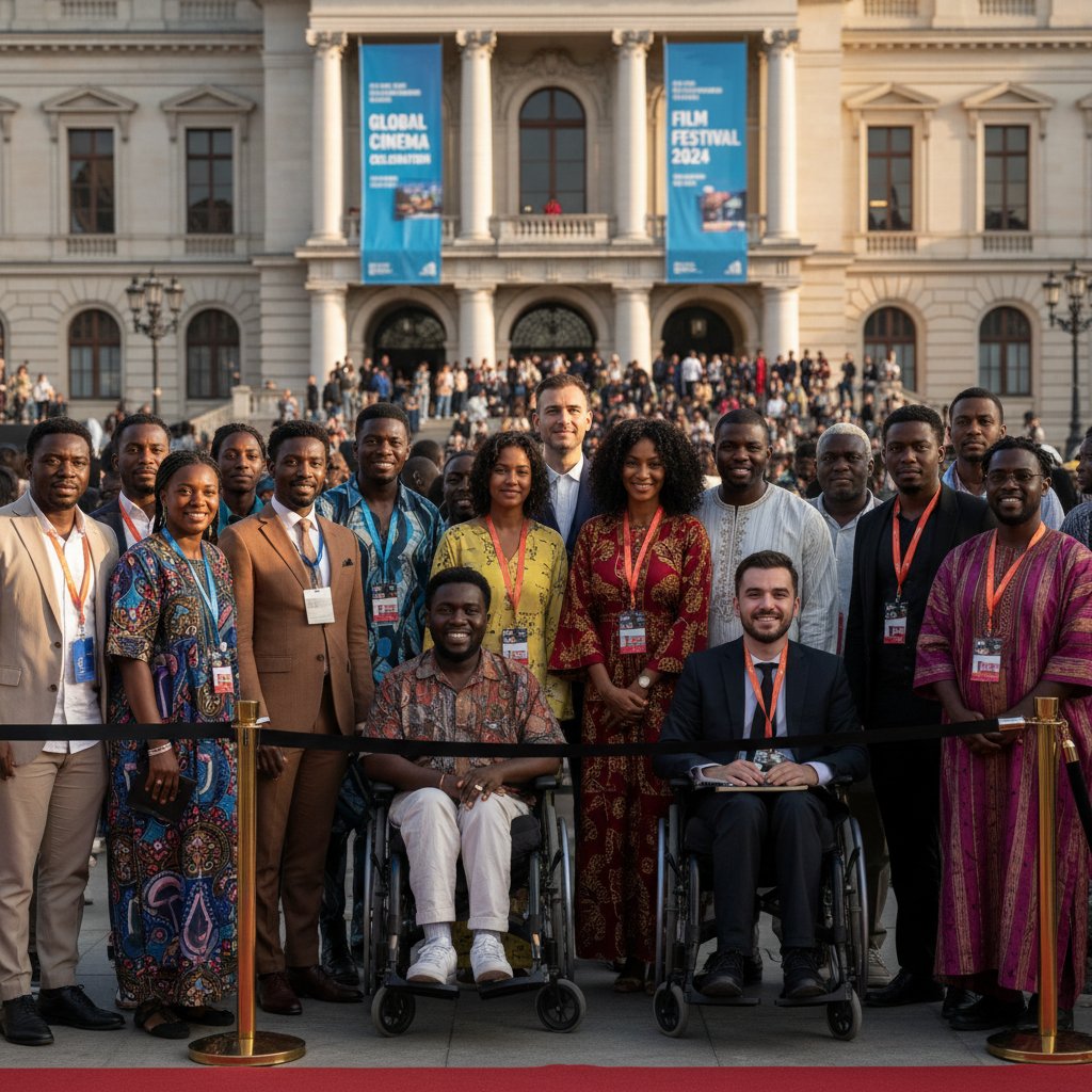 Vibrant group photo of diverse film journalists at a film festival, representing diversity in movie journalism