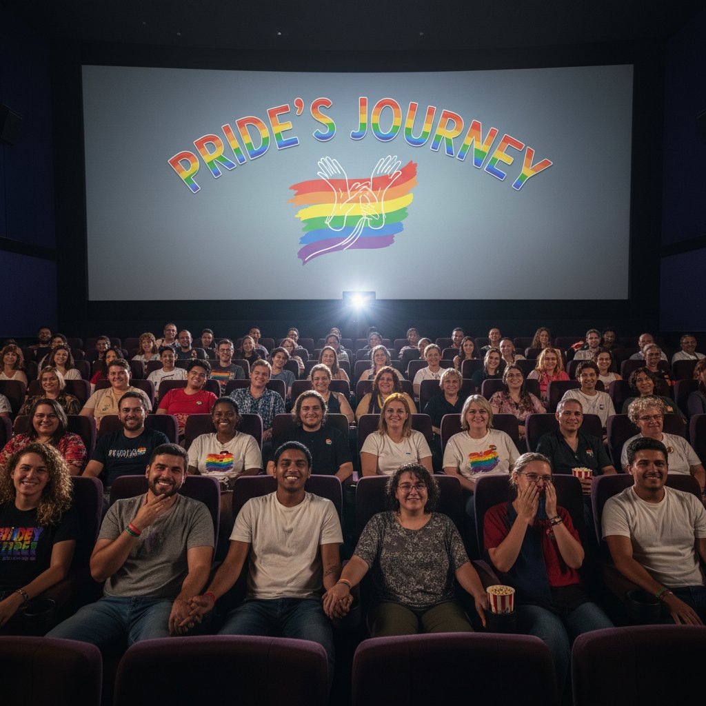 Diverse group watching pride film in 2025, emotional reactions in modern cinema