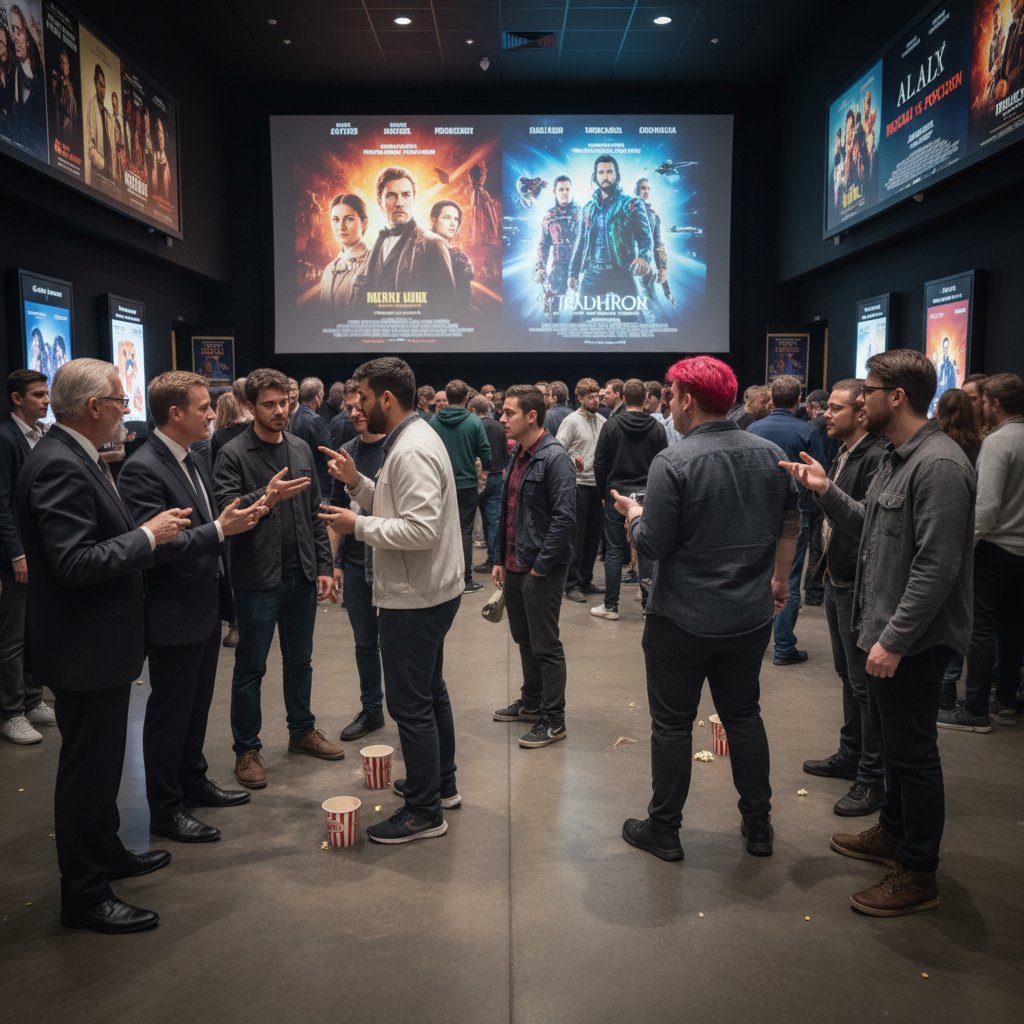 Diverse group of moviegoers passionately debating high frame rate movies in a tense, lively theater lobby scene