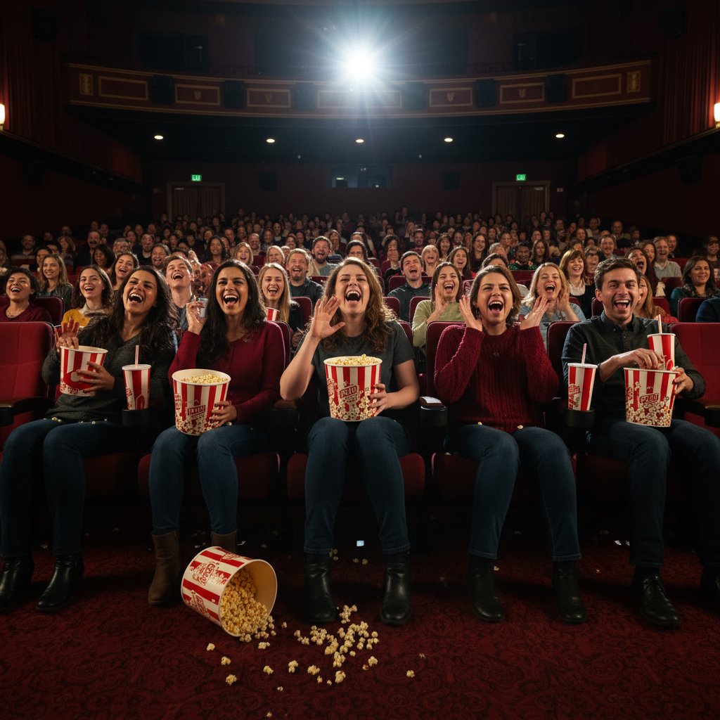 Diverse moviegoers laughing and recoiling at toilet humor comedy in a dramatic theater scene