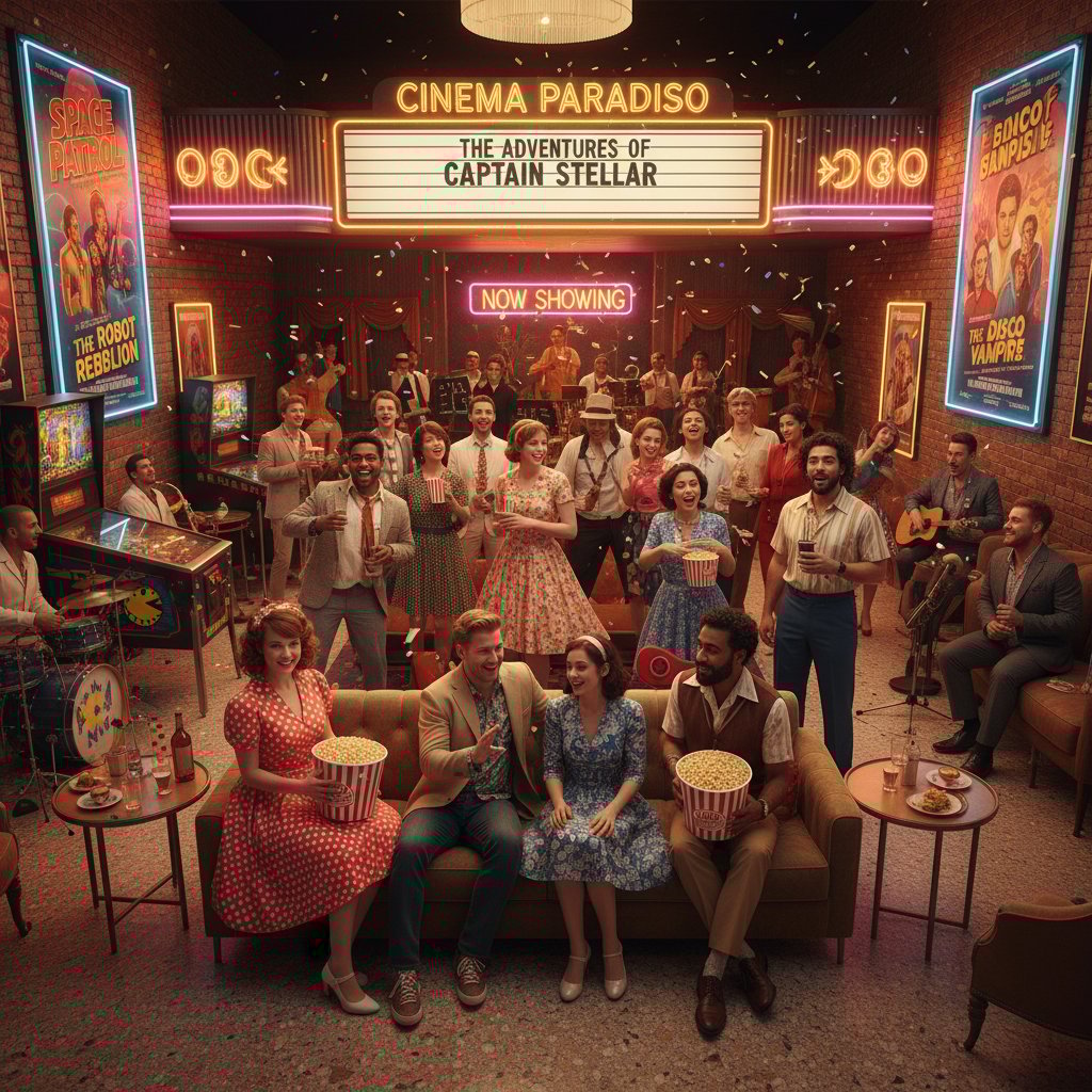 Group of diverse moviegoers in a retro cinema, colorful outfits, playful mood, 16:9