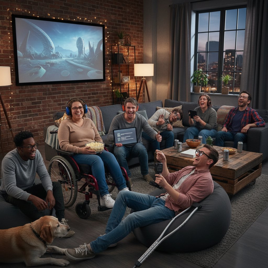 Diverse night: group of moviegoers in an urban apartment, some using wheelchairs or assistive listening devices, engaged and expressive faces