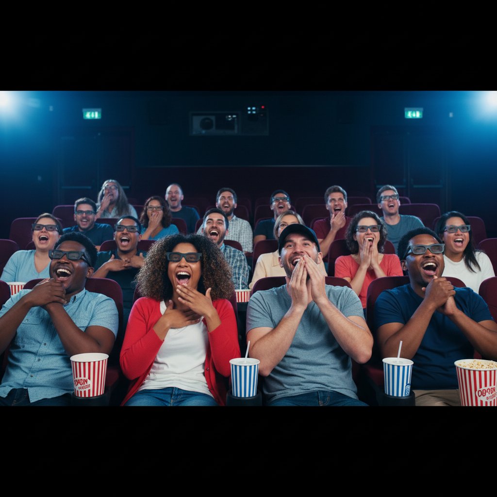 Diverse group of moviegoers reacting to 3D comedy, some surprised, some laughing