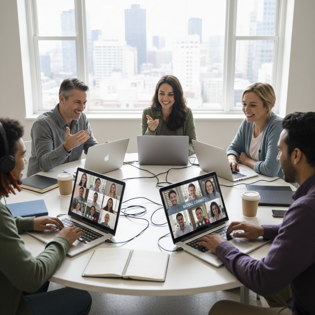 Różnorodni użytkownicy czatu internetowego, grupa młodych osób przy laptopach