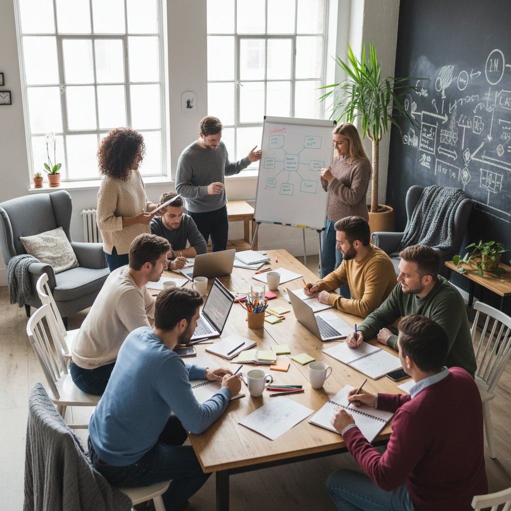 Grupa różnych osób w przytulnym biurze, laptopy i notatniki, burza mózgów, atmosfera współpracy i wsparcia przy nowym początku