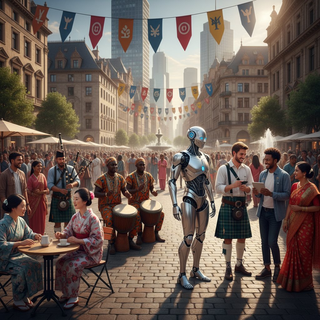 Zbiorowa scena ludzi z różnych kultur obok humanoidalnego robota