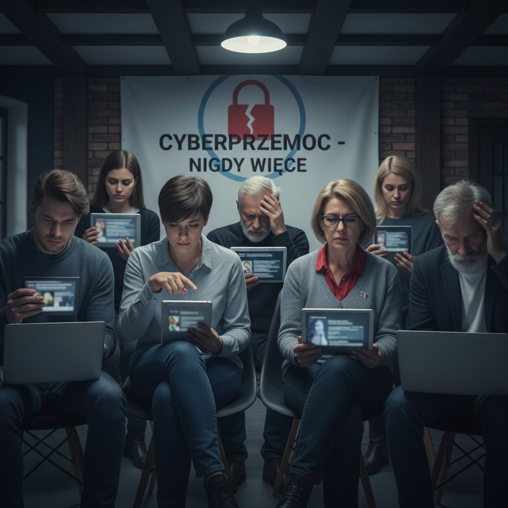 Szereg różnych osób w różnym wieku i z różnych środowisk, pokazujących różnorodność ofiar cyberstalkingu