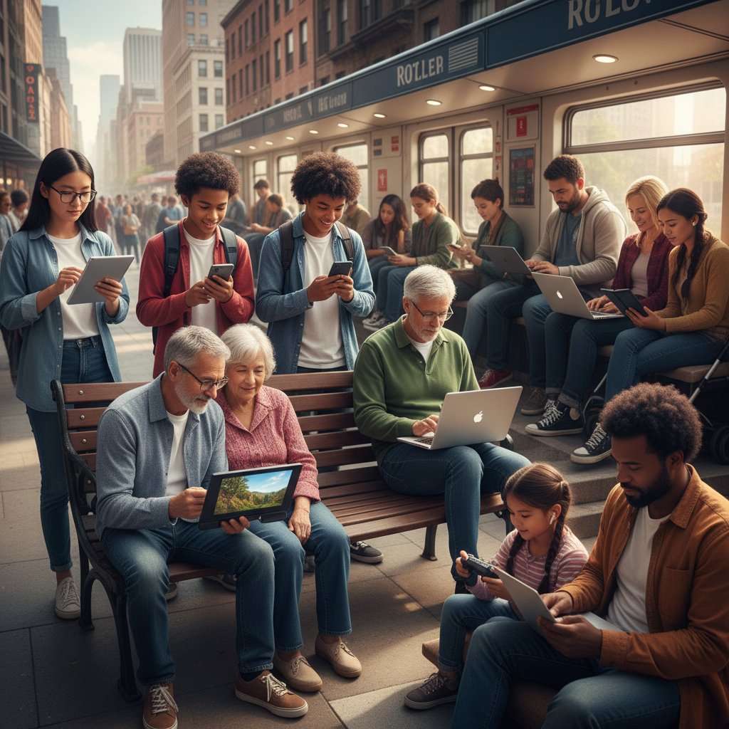 Verschiedene Nutzergruppen bei der Anwendung digitaler Psychoedukation, drei Menschen mit digitalen Geräten im Alltag