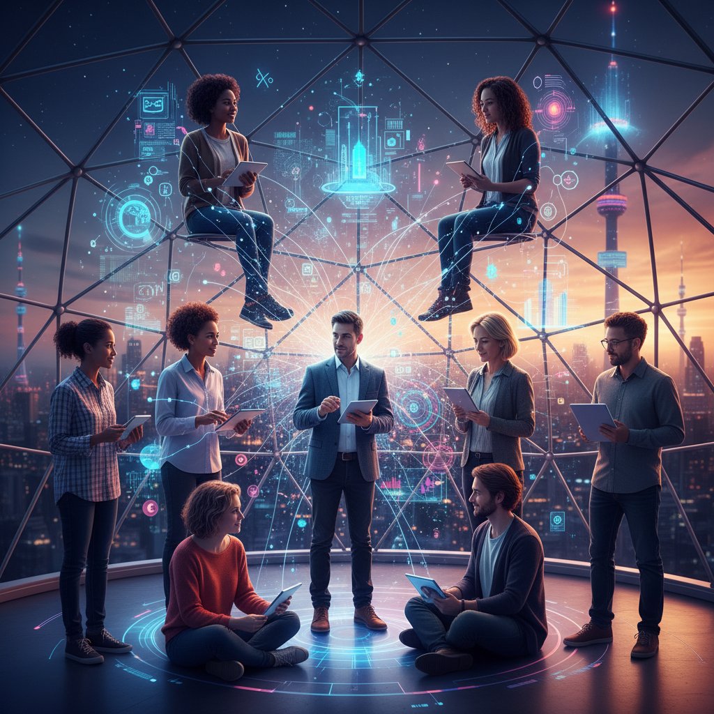 Różnorodna grupa ludzi połączona cyfrową siecią, społeczność online