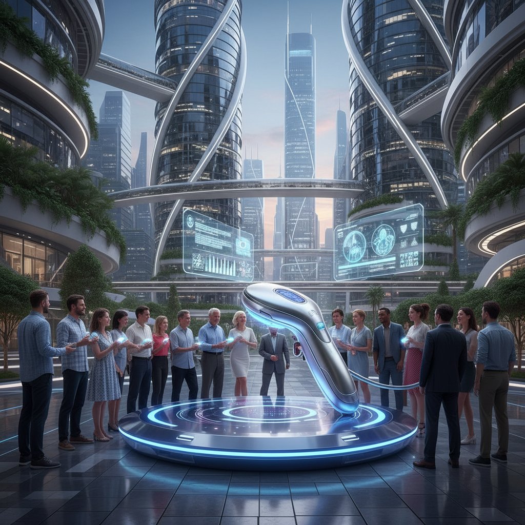 Grupa osób w miejskim otoczeniu testuje nowoczesne urządzenie IPL, światło odbijające się od skóry, atmosfera nowoczesności i przemiany