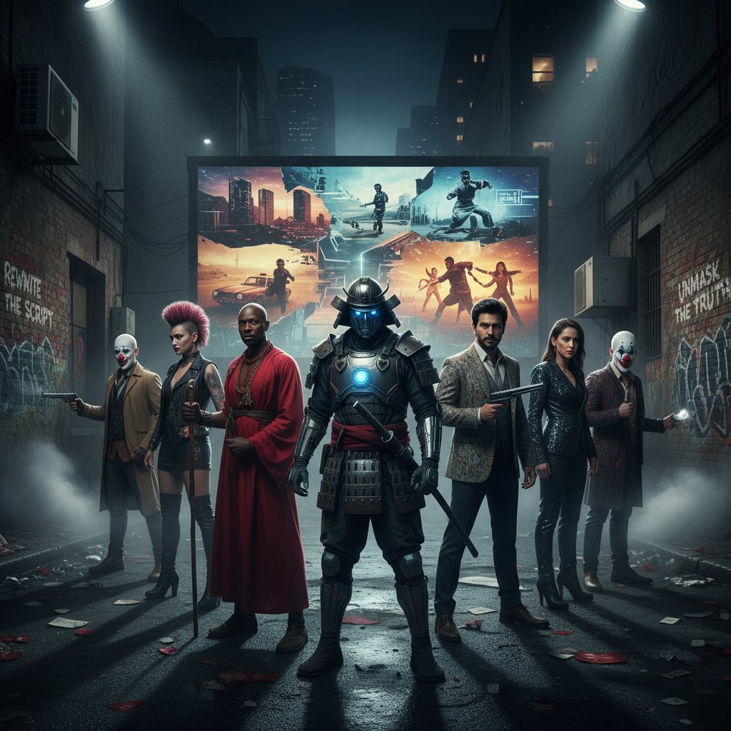 A diverse group of people transfixed by a glowing screen, with cultural movie icons swirling around them in a narrative, edgy, 16:9 photo