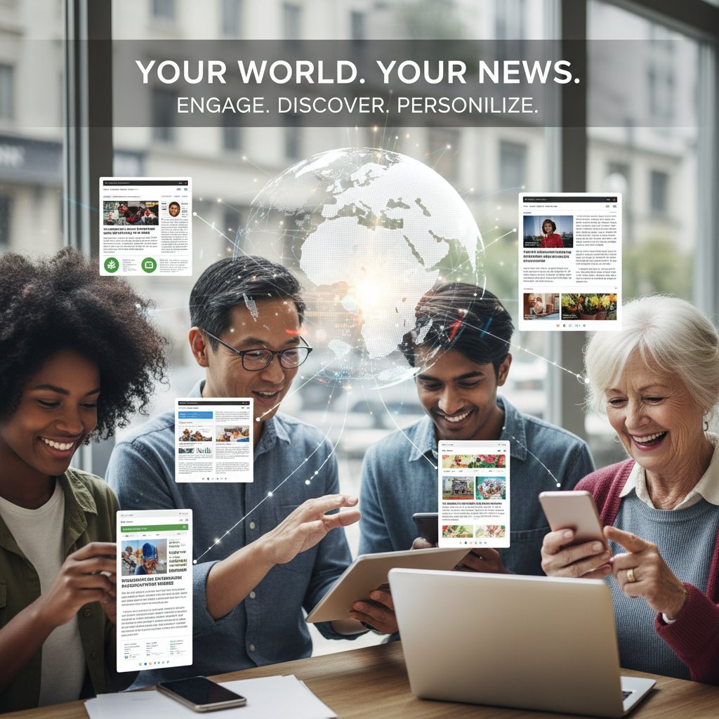 Diverse users smiling while reading tailored digital news feeds, highlighting the positive side of news feed personalization
