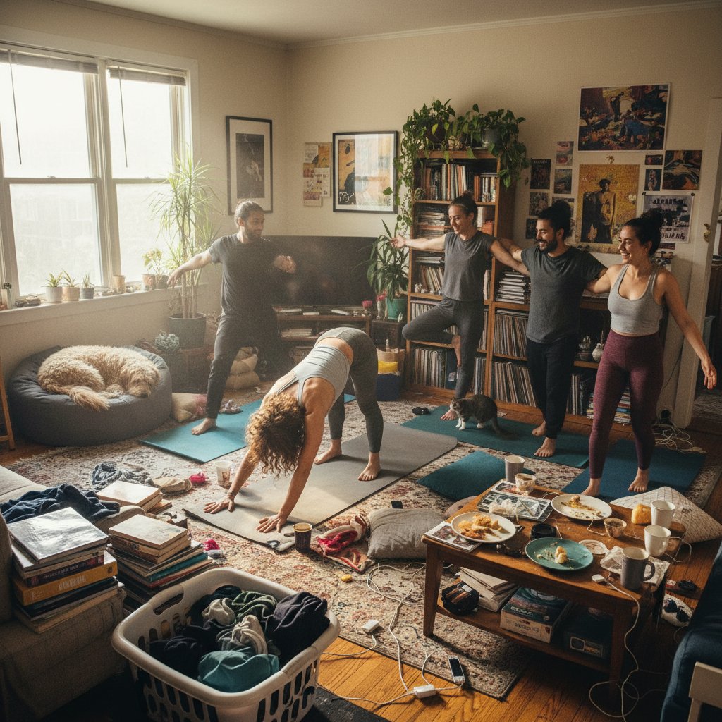 Ludzie ćwiczący jogę w domowych warunkach, różnorodność, realny bałagan