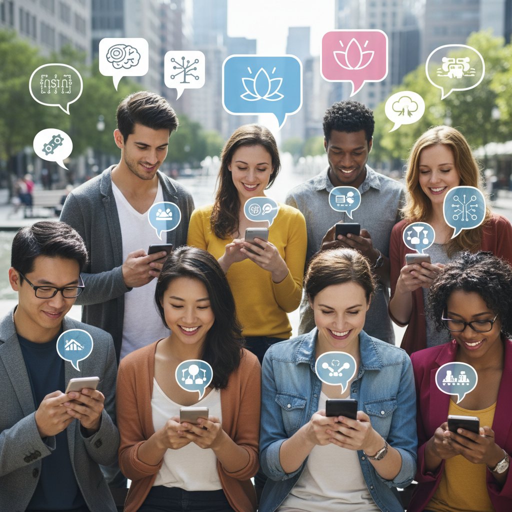 Menschen verschiedener Altersgruppen nutzen KI-Apps für Gespräche auf ihren Smartphones