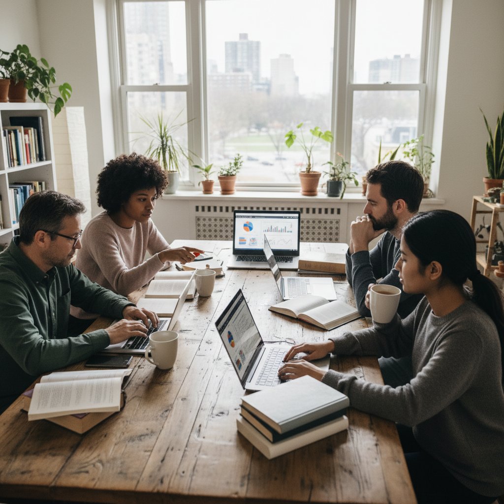 Grupa zróżnicowanych wiekowo osób uczących się ekonomii przy komputerach w domowym otoczeniu