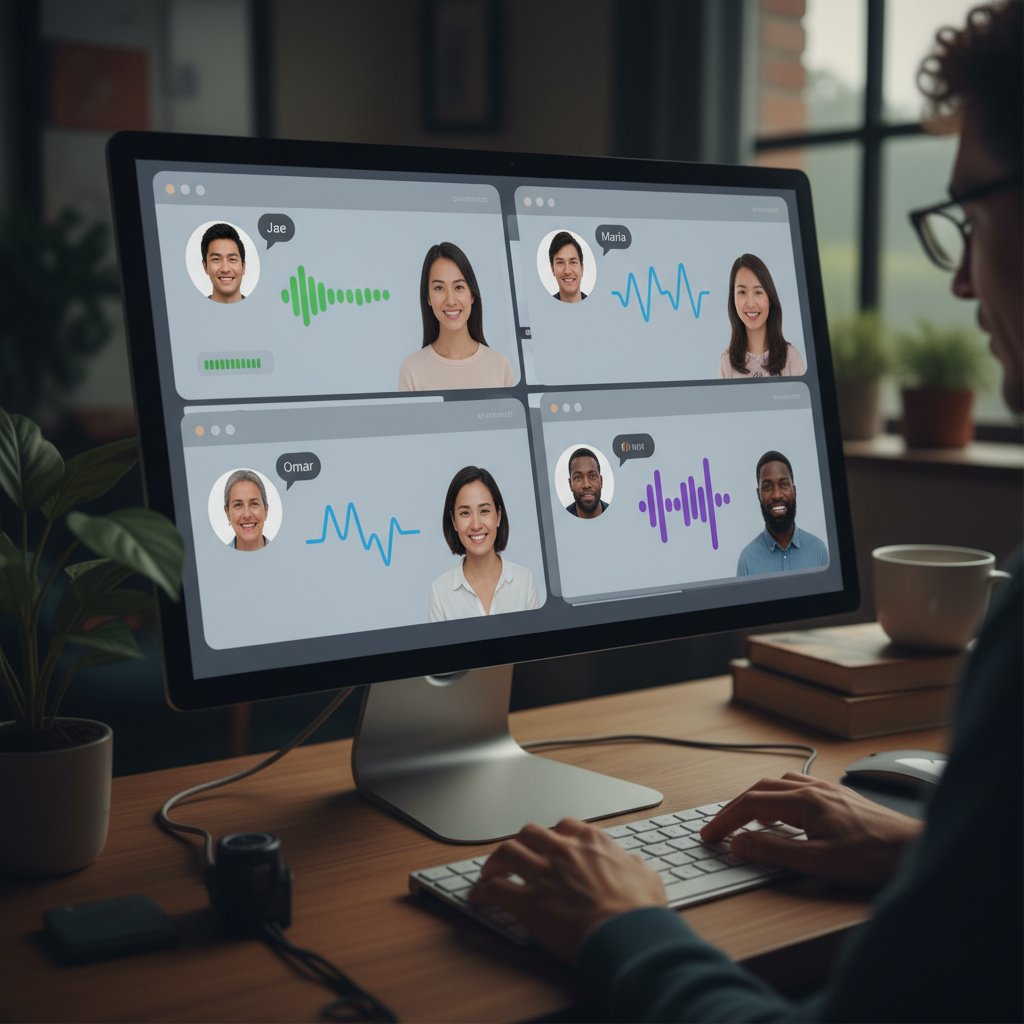 Osoby o różnych profilach, rozmawiające online bez kamerki, słowa kluczowe: różnorodność rozmówcy online