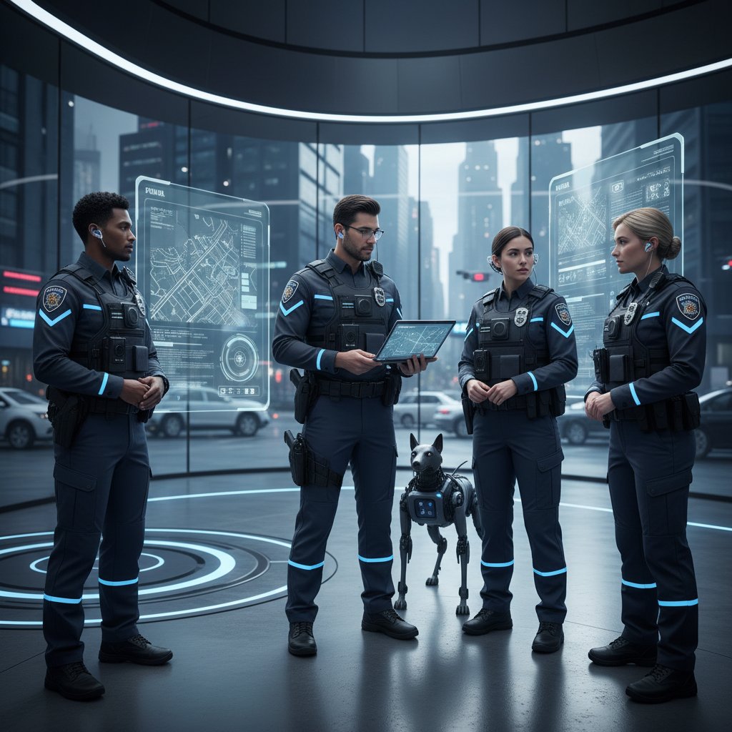 Reprezentatywna grupa nowych policjantów z różnych środowisk, mundury, technologia, laptop