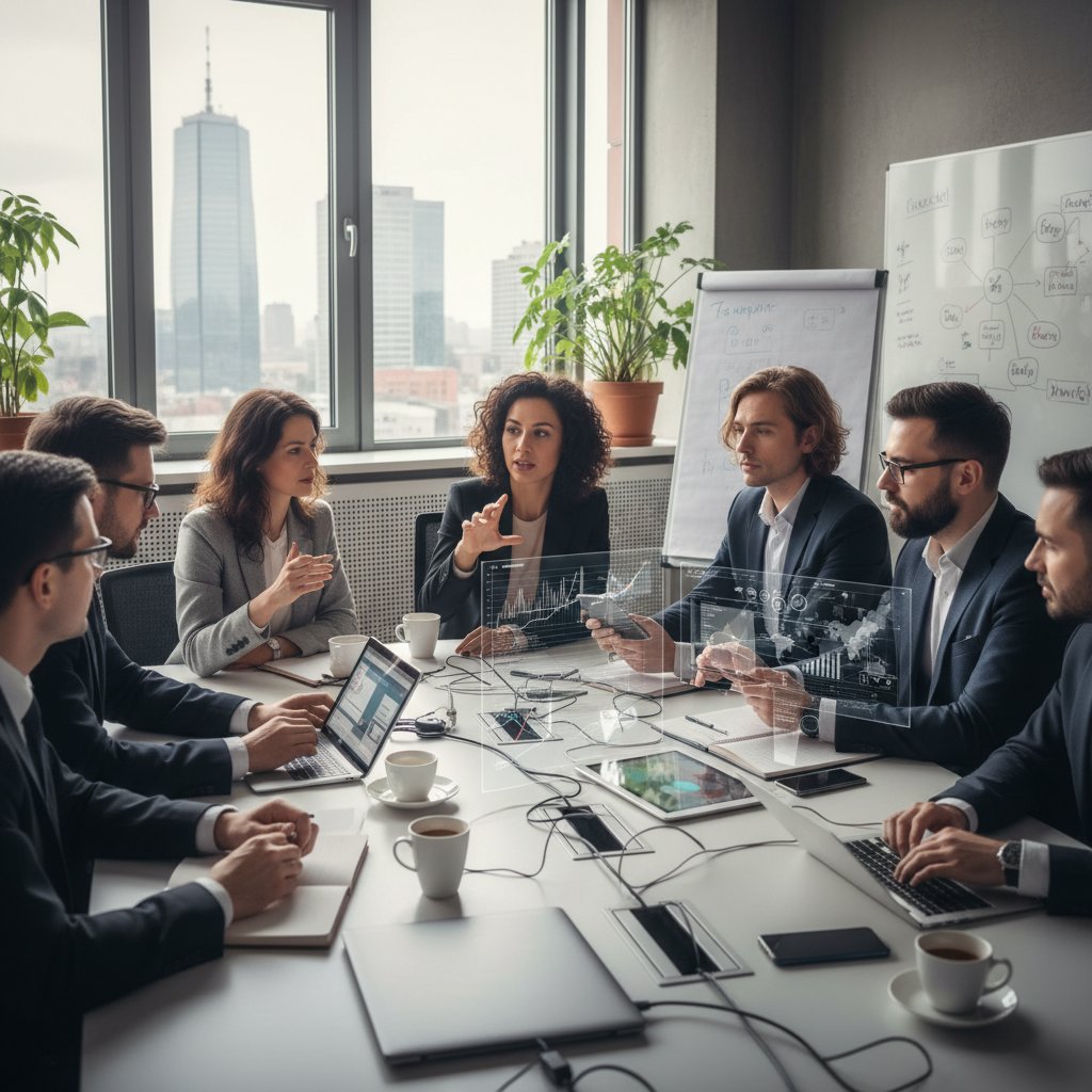 Liderzy biznesu w Polsce dyskutujący o wdrażaniu nowych technologii analitycznych