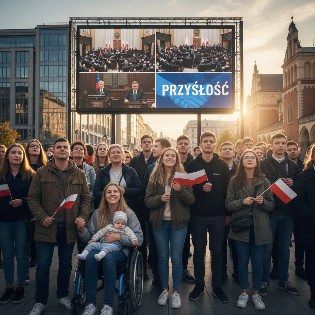 Zróżnicowana grupa Polaków oglądająca transmisję z parlamentu, zaangażowanie, nadzieja, miasto