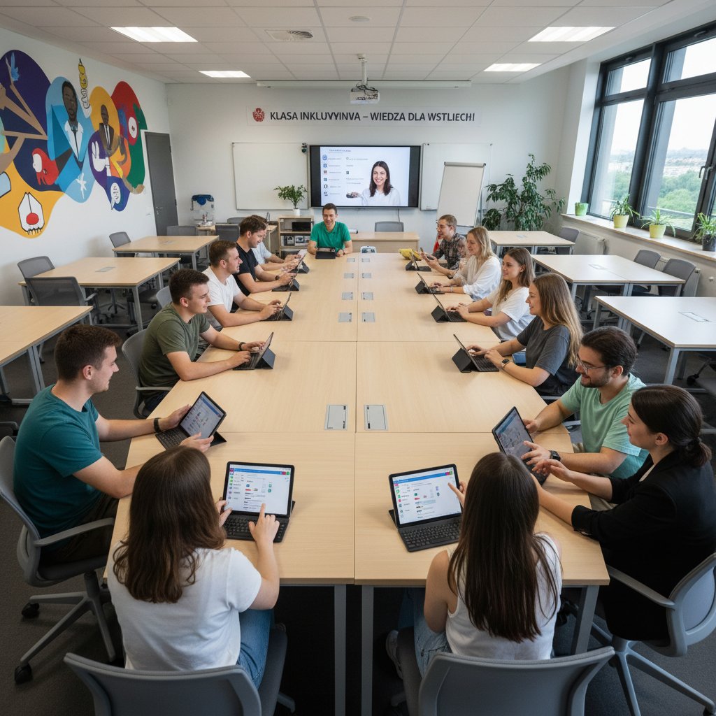 Różnorodni polscy uczniowie korzystający z adaptacyjnych narzędzi edukacyjnych w klasie