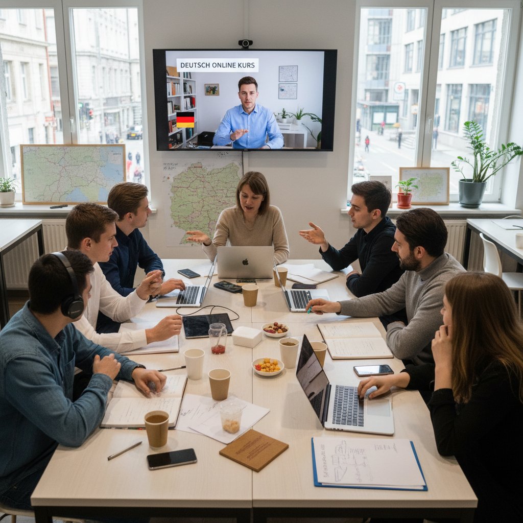 Zróżnicowana grupa uczniów uczących się niemieckiego online, młodzi i dorośli, dynamiczne otoczenie