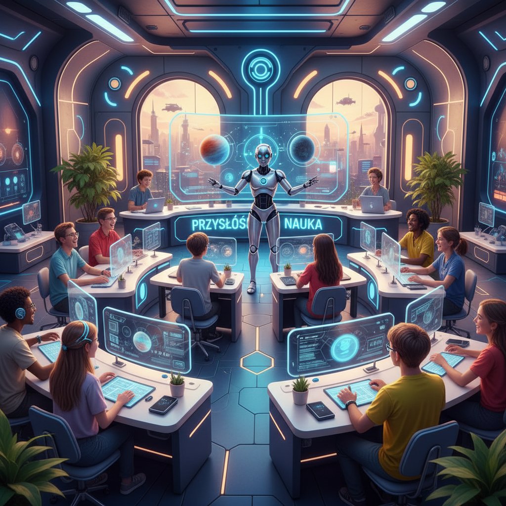 Polscy uczniowie współpracują z robotem nauczycielem w futurystycznej klasie, kompetencje przyszłości, filozoficzne aspekty robotyki