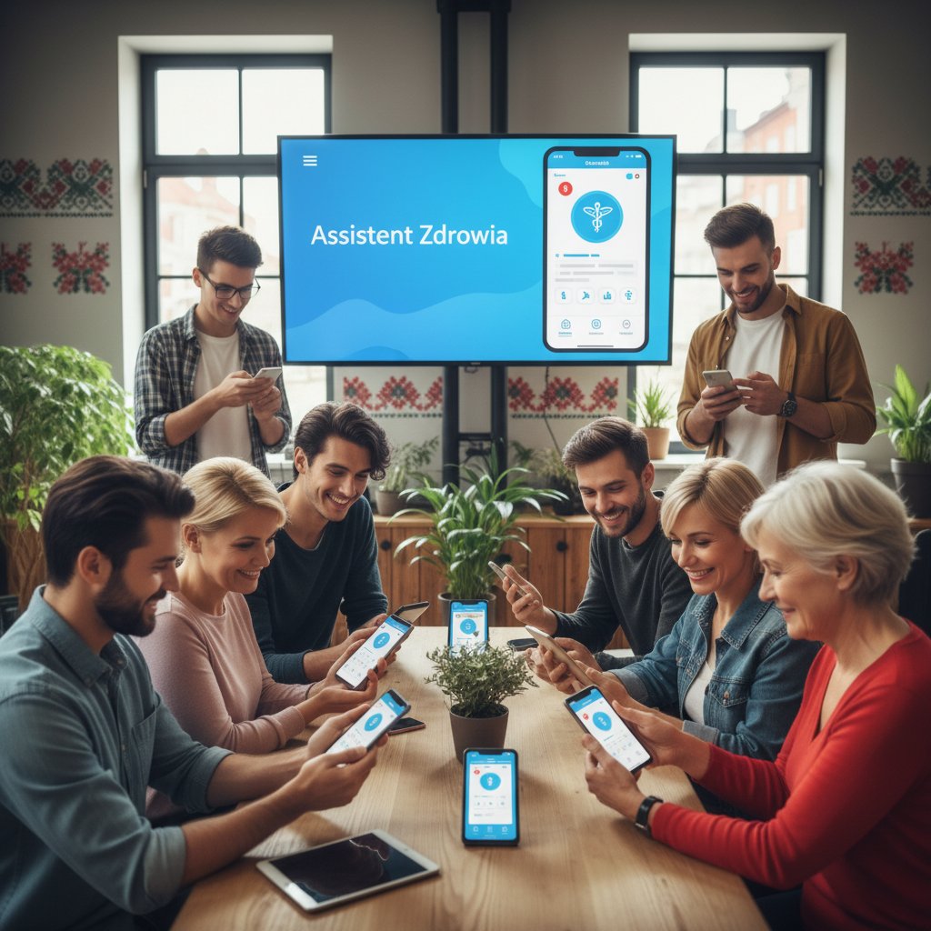 Grupa różnorodnych, uśmiechniętych użytkowników korzystających z asystenta zdrowotnego na smartfonach
