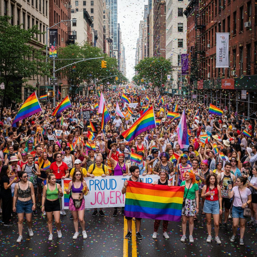 Uczestnicy marszu równości z flagami symbolizującymi różnorodność kulturową i płciową
