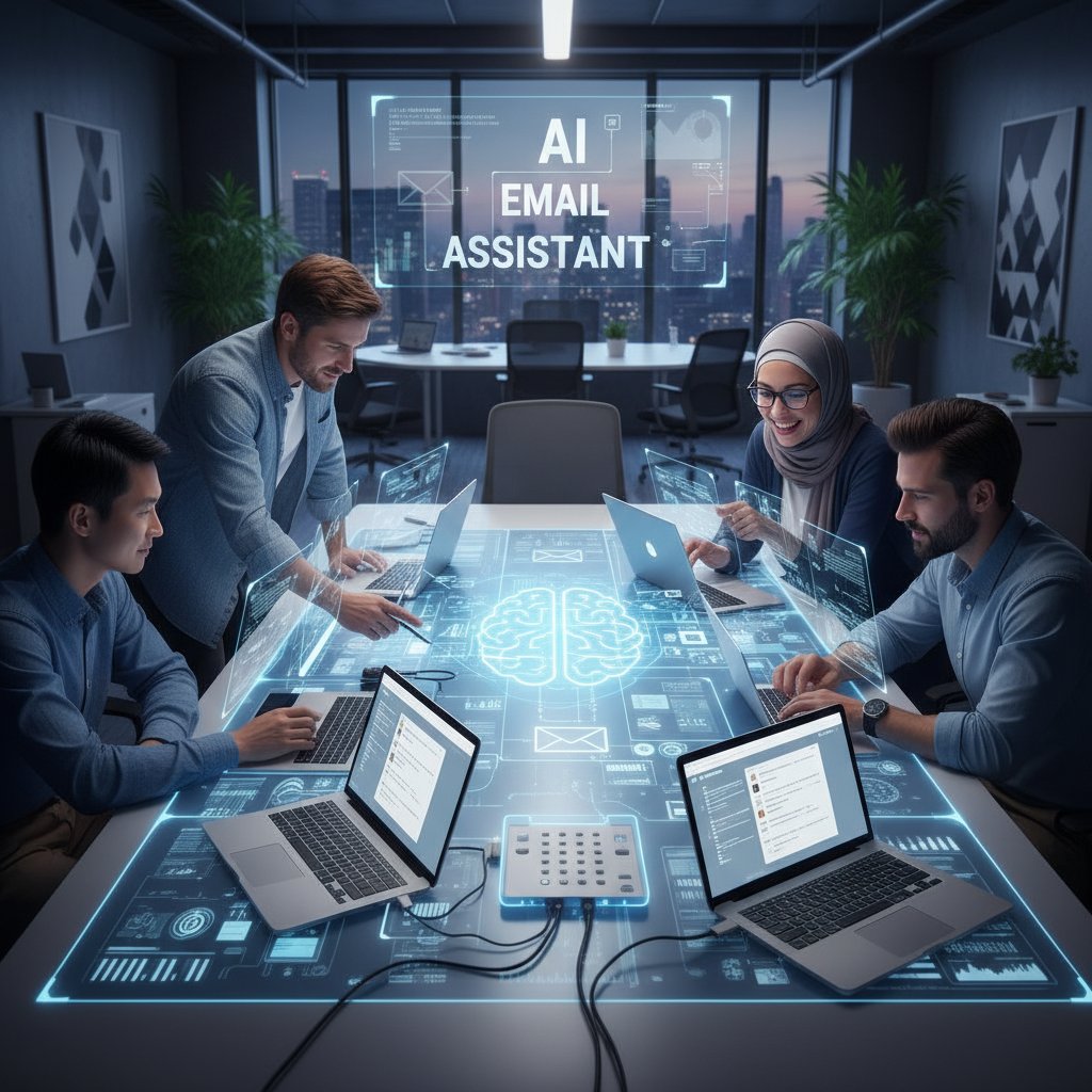 Diverse professionals collaborating with AI-powered email assistant, digital overlays on laptops