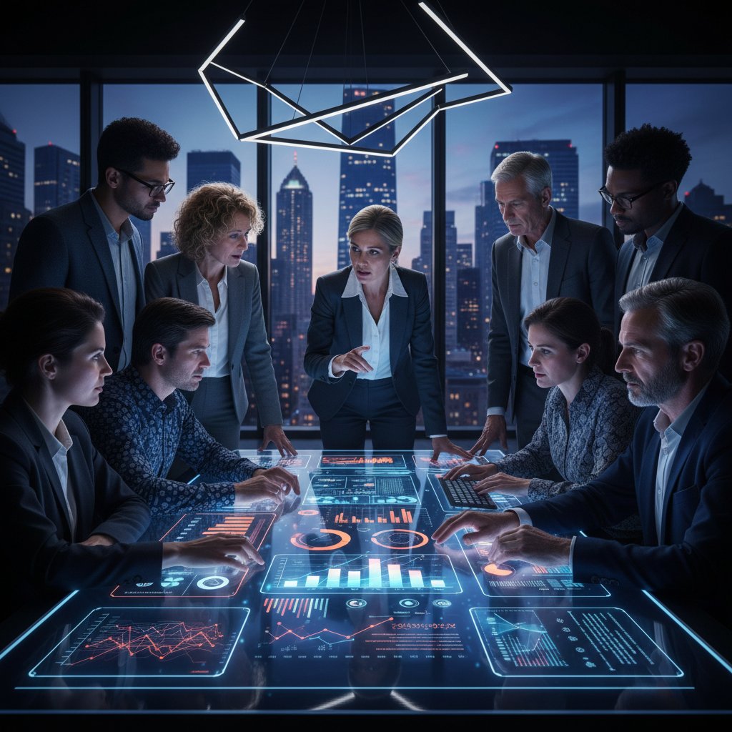 Diverse professionals in tense collaboration over a digital dashboard, urgent teamwork in a meeting room