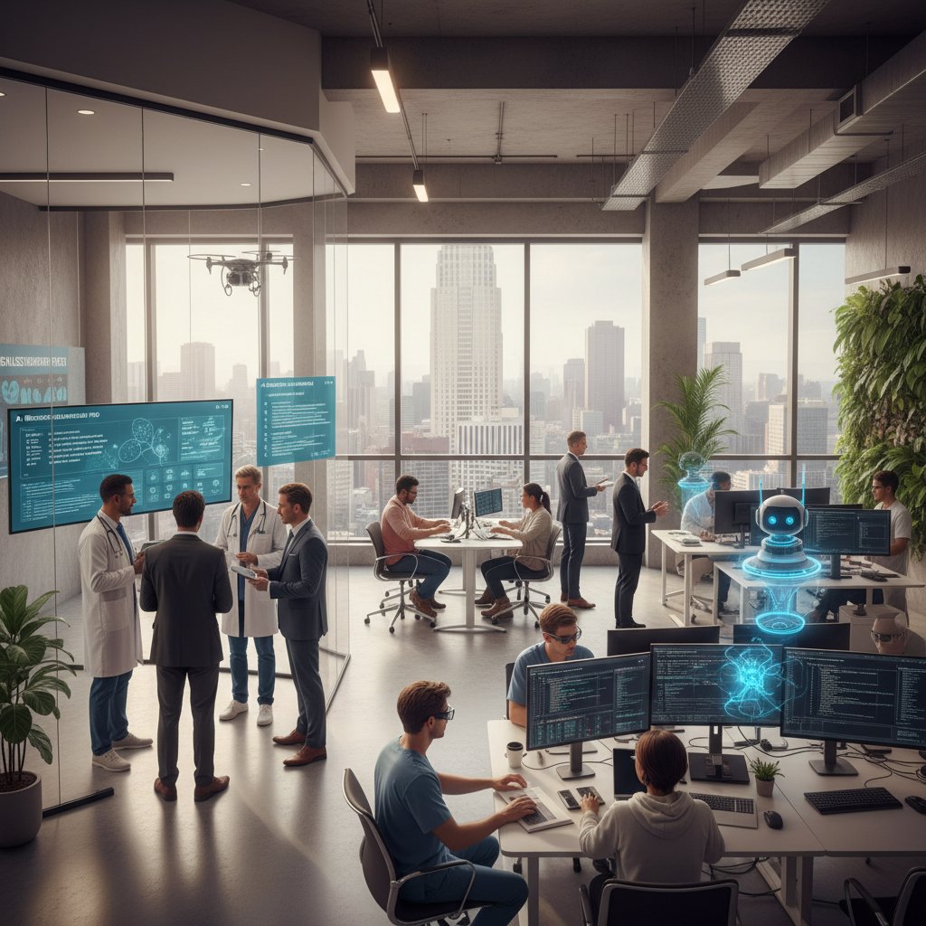 A diverse group of professionals from healthcare, finance, and technology collaborating in a modern office, using AI tools to summarize research reports