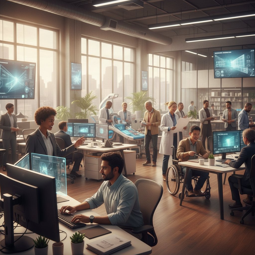 Diverse professionals in an open office setting, cinematic composition highlighting occupation movies