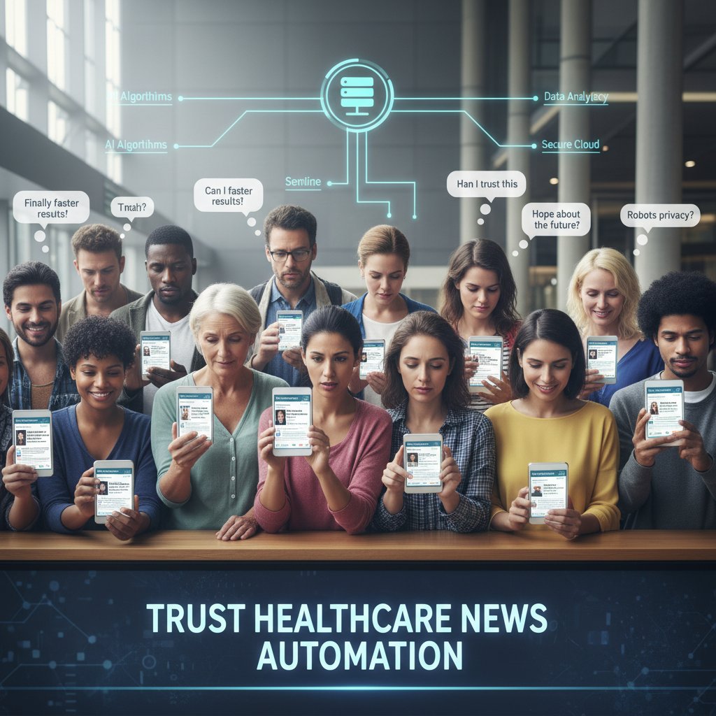 Diverse public reacting to healthcare news feeds on mobile devices, mixed emotions, trust in healthcare news automation solutions