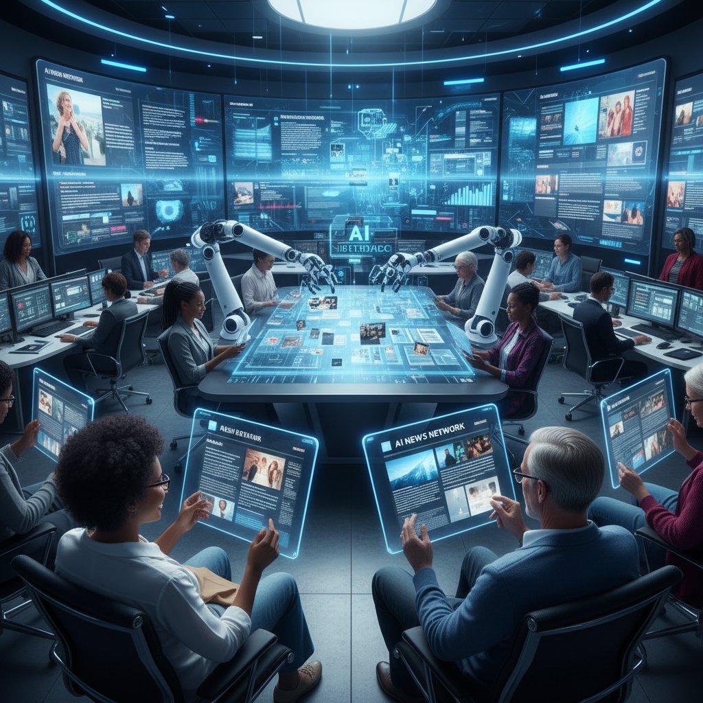 People from diverse backgrounds reading AI-generated news, illustrating the impact of automatic article generation on society