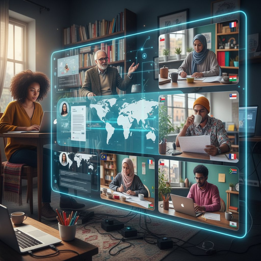 Diverse remote academic writers collaborating online, representing global talent pool in remote academic writing jobs