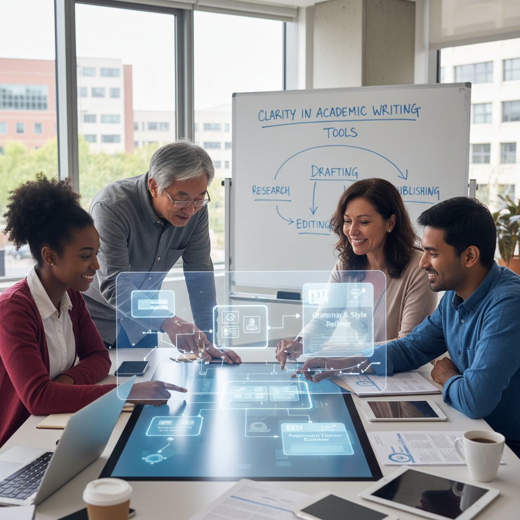 International academic team discussing clarity in writing, showing diversity in academic writing tools usage