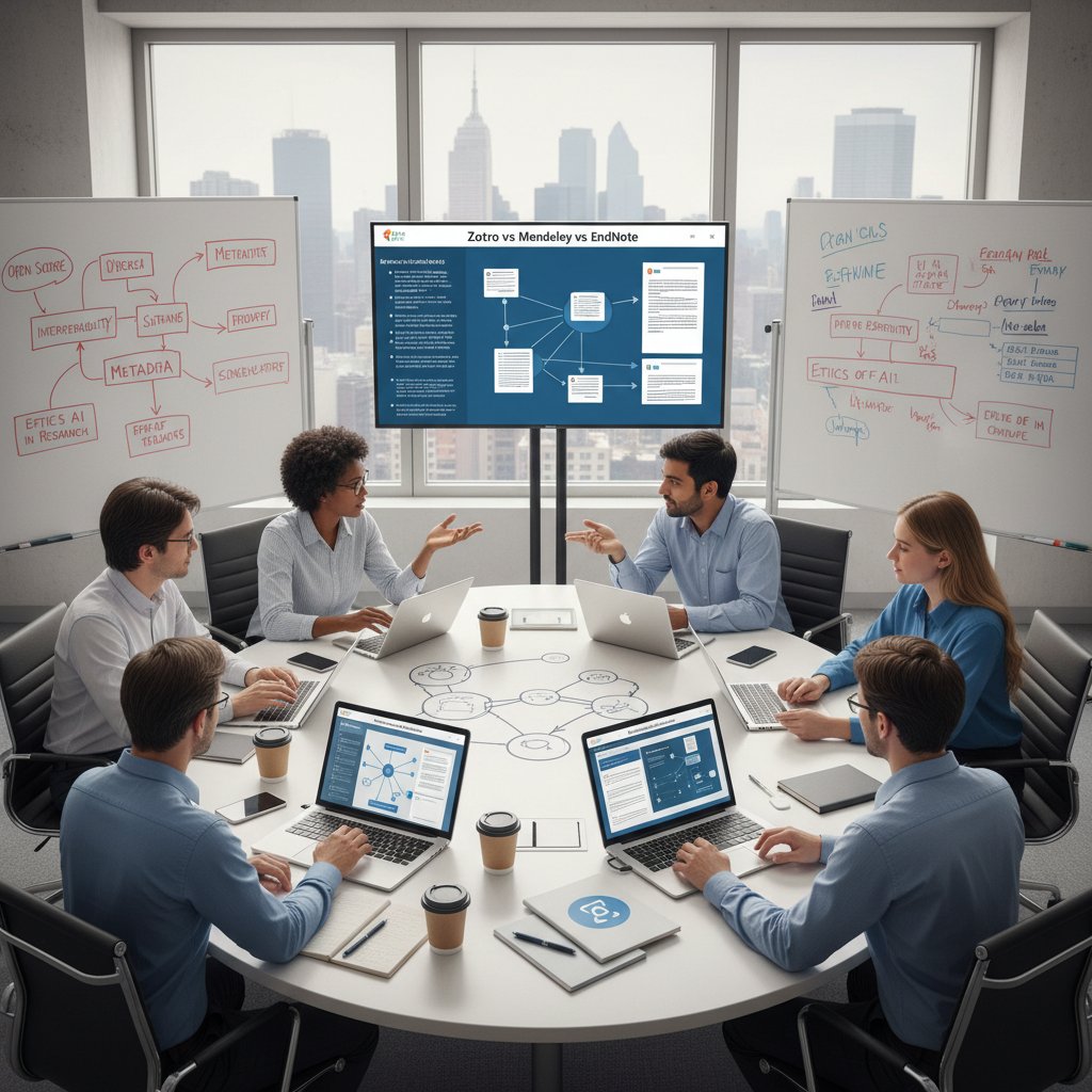 Group of diverse researchers debating over digital citation tools and strategies, showcasing collaboration and technology integration