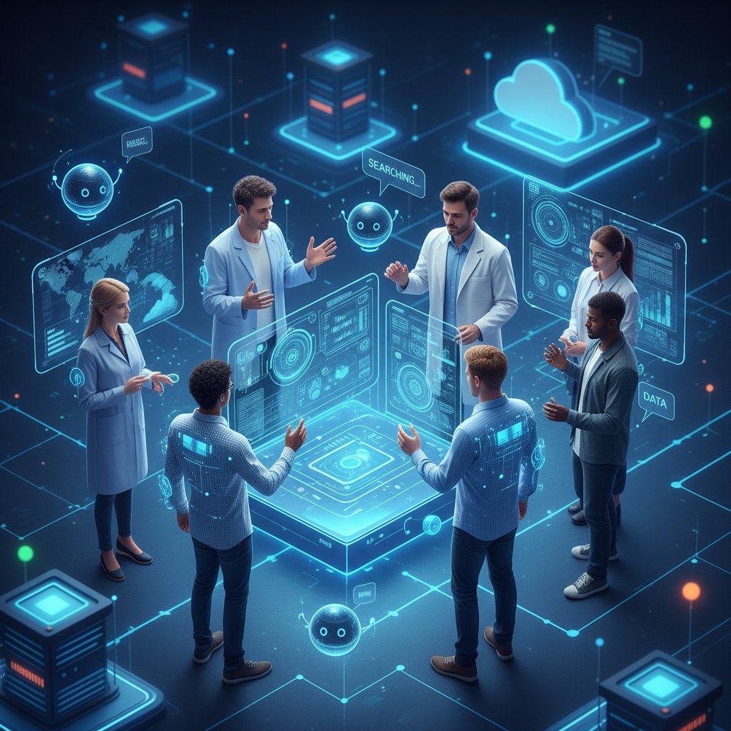 Diverse academic team using virtual assistants, collaborating with digital avatars in a vibrant research setting