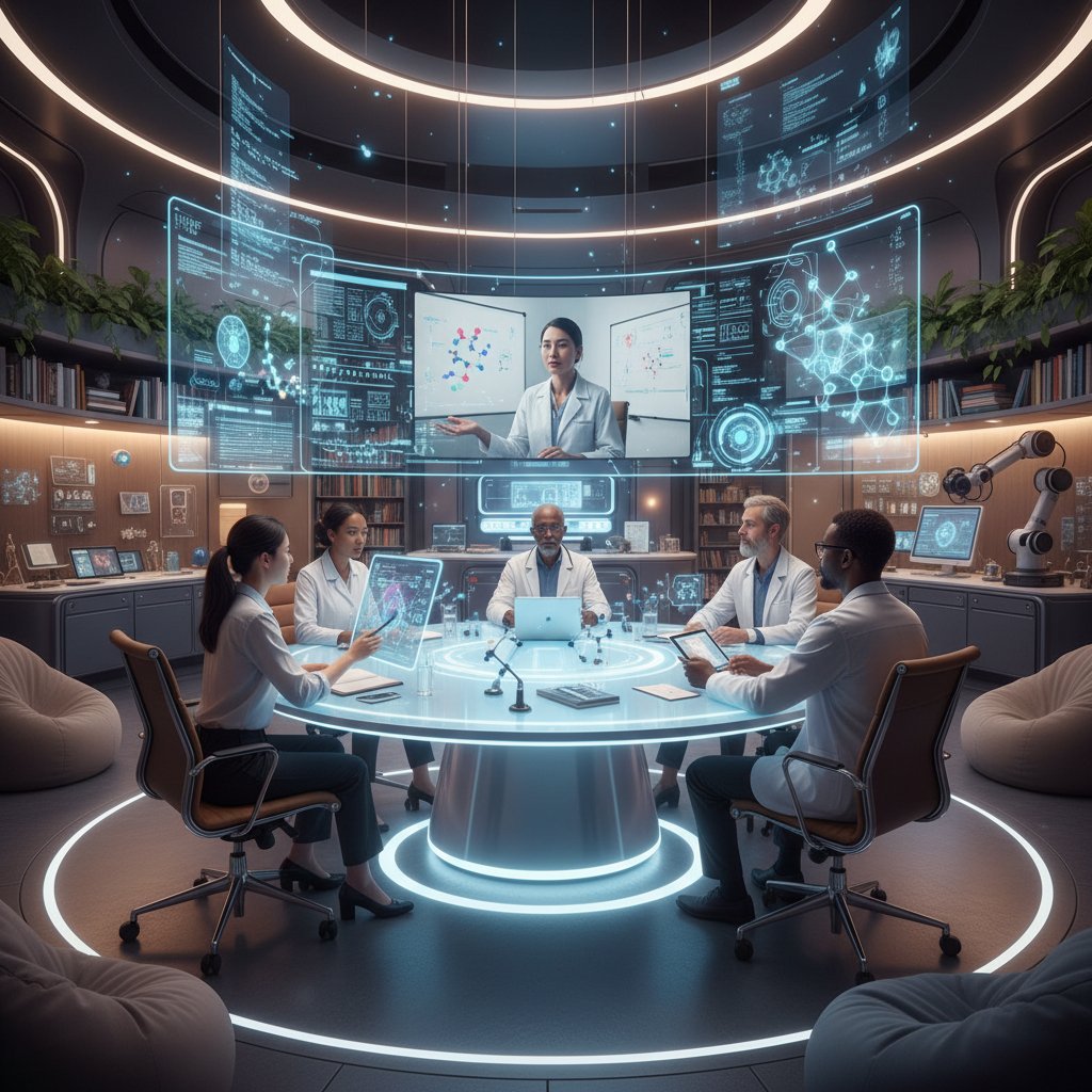 Candid photo of diverse researchers in a virtual meeting, vibrant energy, online academic networking