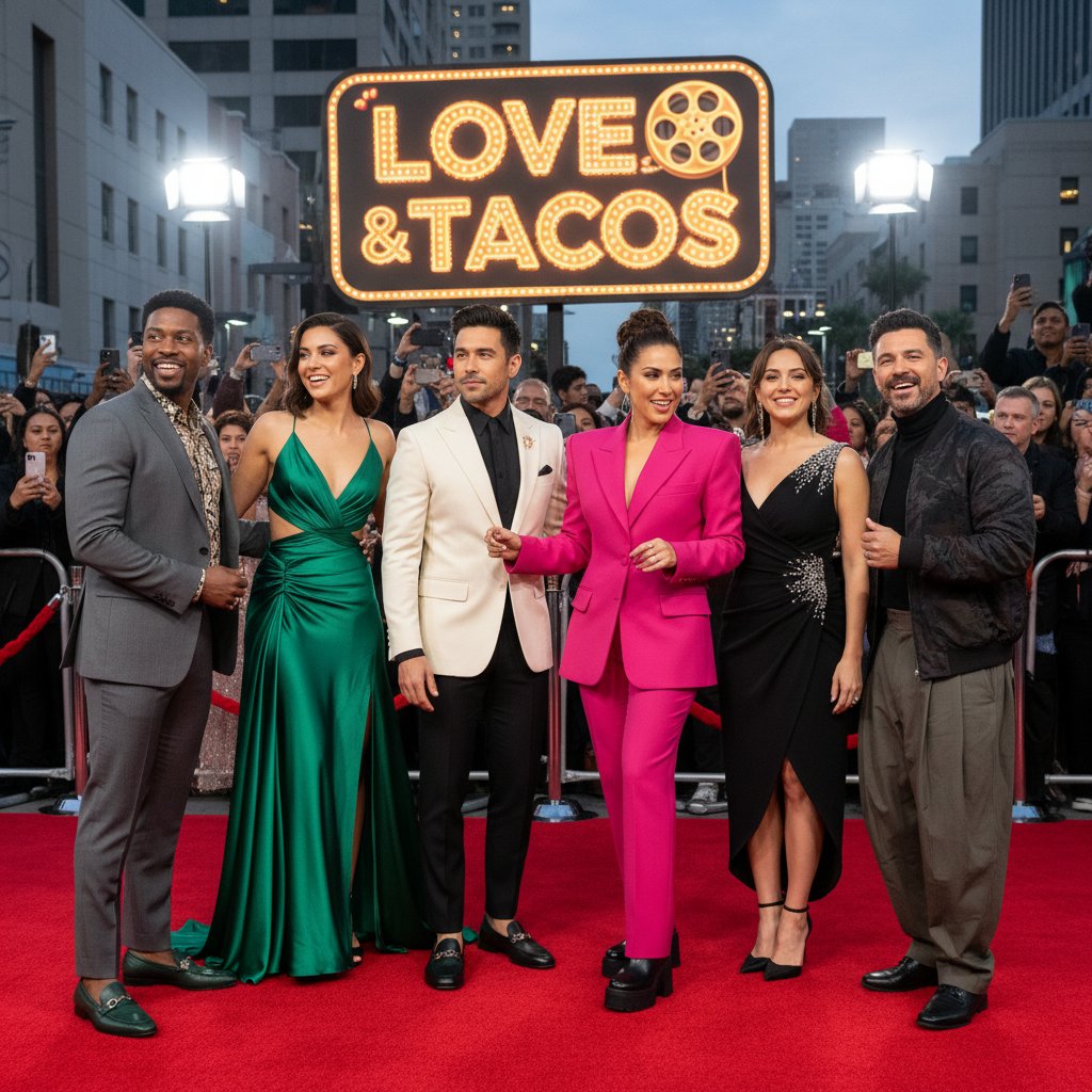 Ensemble of diverse actors at a modern rom com movie premiere