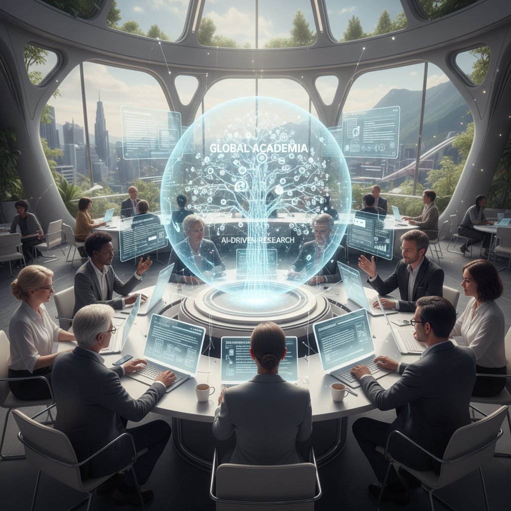 Photo of a diverse group of scholars collaborating across continents via AI-powered platforms, highlighting the global democratization of academic writing