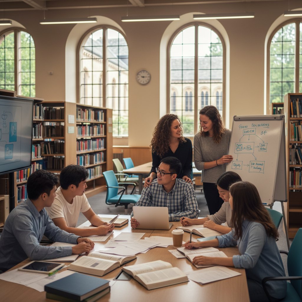 Grupa studentów w różnym wieku i pochodzeniu, wspólna praca nad projektem, atmosfera współpracy i wsparcia