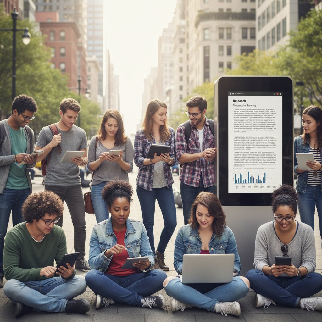 Diverse students accessing research summaries on multiple devices, dynamic urban background, hopeful mood