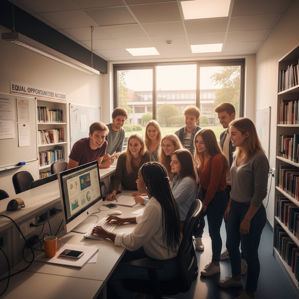 Zdjęcie grupy uczniów z różnych środowisk pracujących przy jednym komputerze