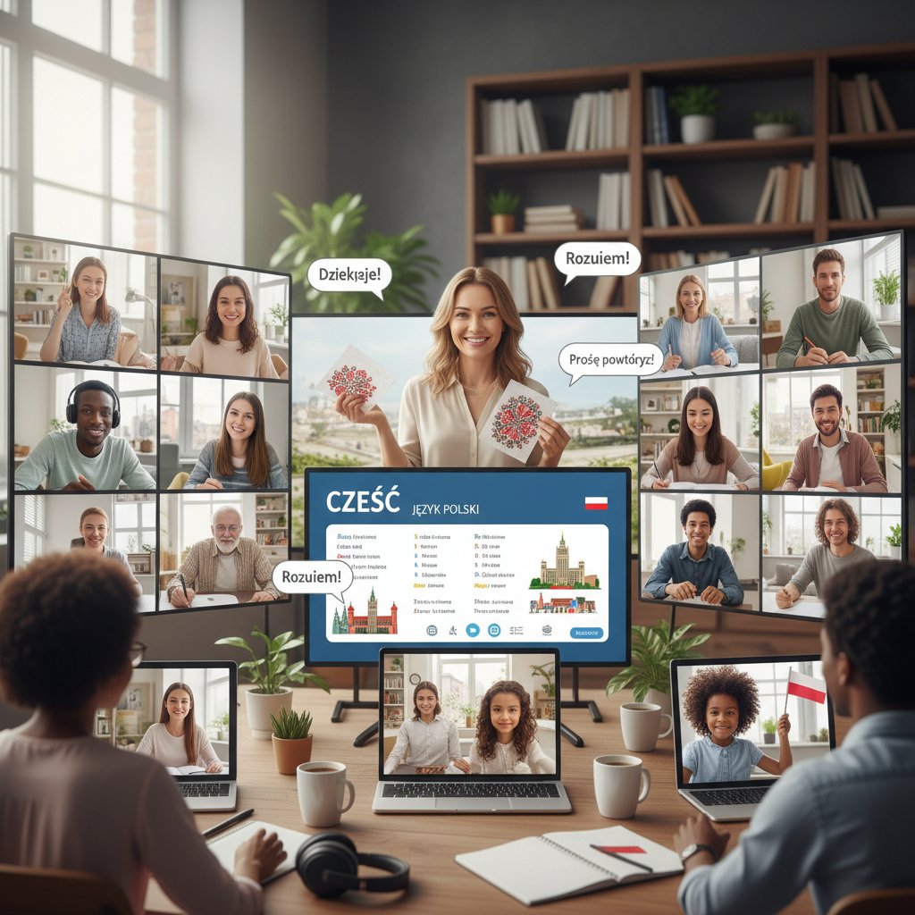 Różnorodni uczniowie korzystający z korepetycji online, nauka polskiego przez internet